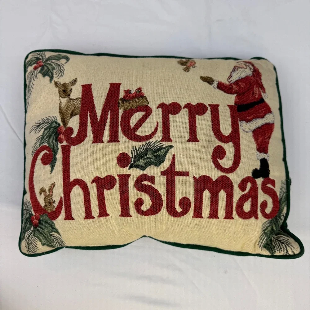 Riverdale Merry Christmas Tapestry Throw Pillow Santa Deer Woven Green Back USA